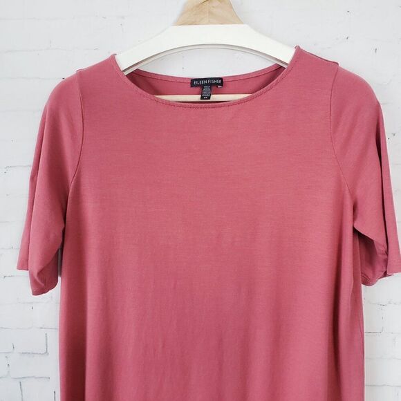 Eileen Fisher Dress Size S Pink Stretch Shift Short Sleeve Casual Lagen Look - Picture 2 of 7